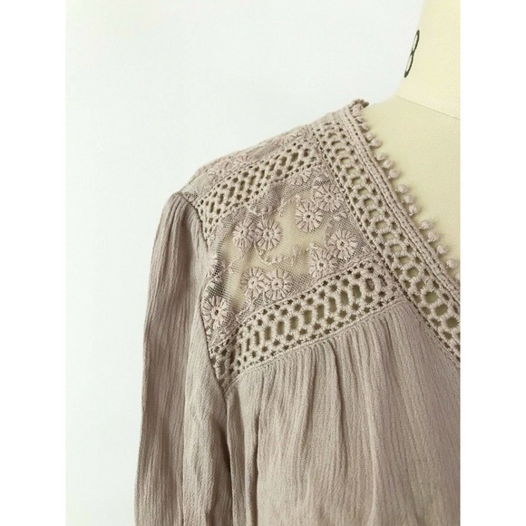 Ecru Gauzy Peasant Blouse Sheer Crochet Shoulders Long Sleeve Fall Casual - Picture 3 of 8